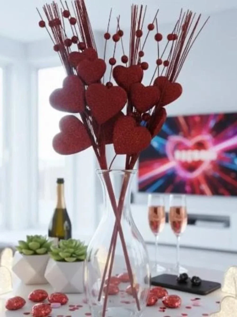 Red Glitter Heart Spray Valentine's Mother's Day Stem Craft Supplies Pick